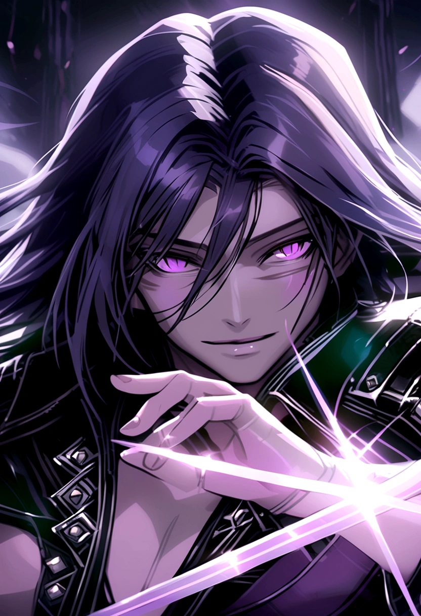 Young Man with Dark purple mullet hair and light colored lavender eyes.