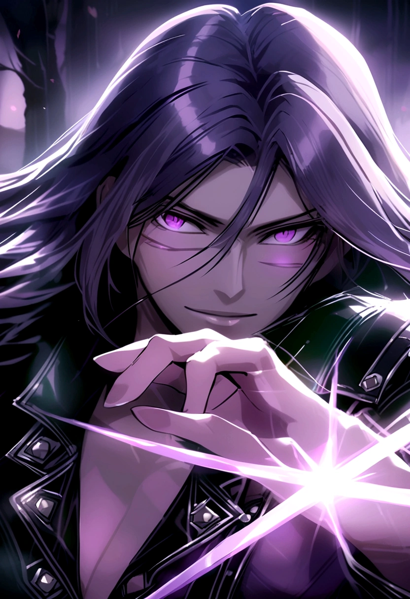 Young Man with Dark purple mullet hair and light colored lavender eyes.