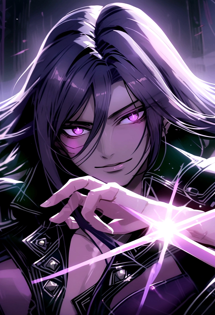 Young Man with Dark purple mullet hair and light colored lavender eyes.