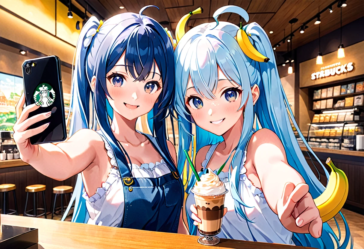 Anime Girls, A lively Starbucks interior、Beautiful girl taking a selfie with a smartphone、Light blue long hair、Twin-tailed anime chibi character、A cute anime chibi character with a bright smile, Taking a selfie with your smartphone、(Anime Girls), Cute girl anime visuals, young Anime Girls, Beautiful anime art style, Anime illustration, beautiful Anime Girls, Drinking a banana frappe