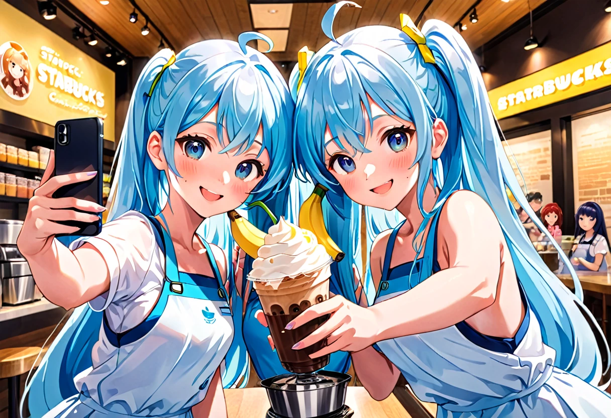 Anime Girls, A lively Starbucks interior、Beautiful girl taking a selfie with a smartphone、Light blue long hair、Twin-tailed anime chibi character、A cute anime chibi character with a bright smile,  Taking a selfie with your smartphone、(Anime Girls), Cute girl anime visuals,  young Anime Girls, Beautiful anime art style, Anime illustration, beautiful Anime Girls, Drinking a banana frappe