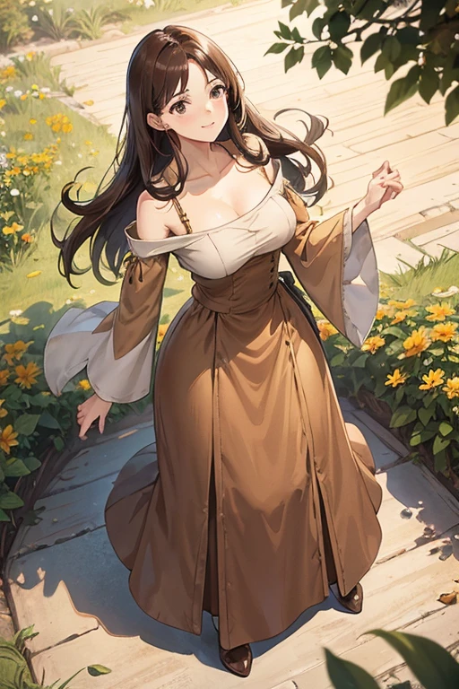 A straight haired brunette adult female standing on the ground, wearing loose brown dress with cuffed sleeves, low neckline, medieval, brown hair, large long shaped tits, silly personalty, cute happy demeanor, sunny disposition, deredere, 