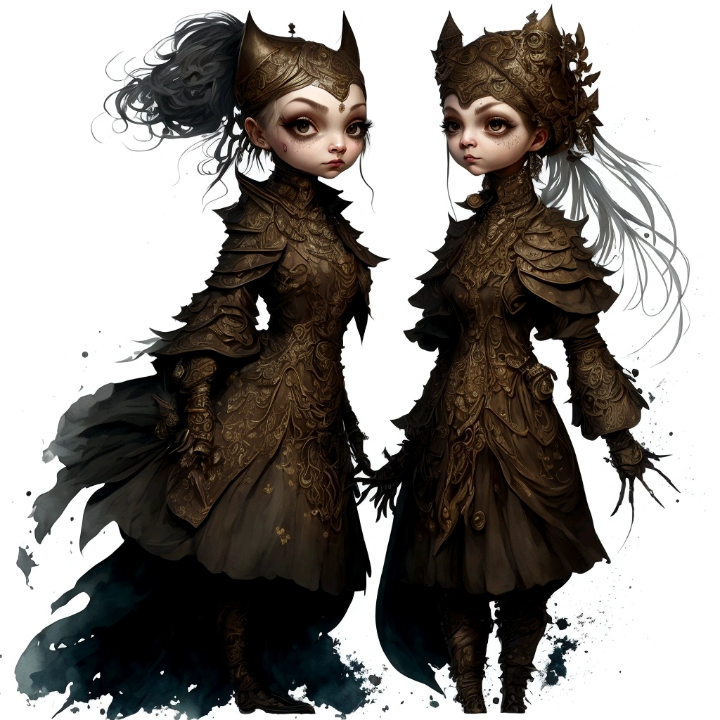 A captivating digital painting featuring anthropomorphic female chess pieces with modest and cute demeanor, who are cheeky and shy on the chessboard. These charming characters are decorated with bright, adorned with eye-catching boots and have large, expressive round eyes, that reveal their unique personality. The artwork is inspired by the style of Nicola Samori, with a pin-up art flair, which creates a fascinating mixture of anthropomorphism and fantasy. The ethereal background, which consists of a structured mixture of media, complements the thin neck and full body of the motif, which is skilfully integrated into the composition. The artwork features complex details and extremely contrasting colors with intricate patterns, that give depth to the scene. The backlight enhances the ethereal mood and the masterful use of fine ink drawing and dry watercolor effects ensures sharp outlines and subtle textures, which makes this a truly