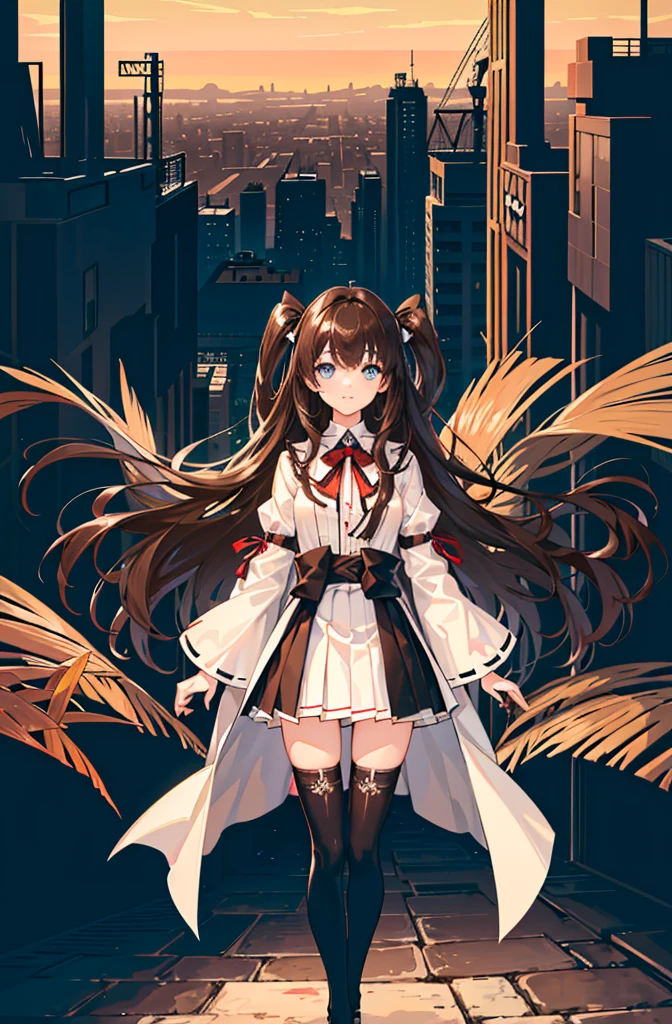 1girl,  solo, outdoors, long hair, holy place, Original,(Illustration:1.1),(Best Quality),(masutepiece:1.1),(the Extremely Detailed CG Unity 8K Wallpapers:1.1), (Colorful:0.9),(mid-shot:0.95),(extremely detailed beautiful face),(Solo:1.2), (girl),(((Lori))), (Detailed beautiful eyes:1.15), (Beautiful face:1.15), (Glowing blue eyes:1.25////),(((Brown Long Hair))),(two side up),(+perfect hand+:1.21),(Draw illustration of Japan priestess costume),(slender),(White pleated skirt),(Gothic),((black thighhighs)),(frilld),(Beautiful Slender ta Girl),standing, girl,10 yirl,foggy place,((City in the Desert)),