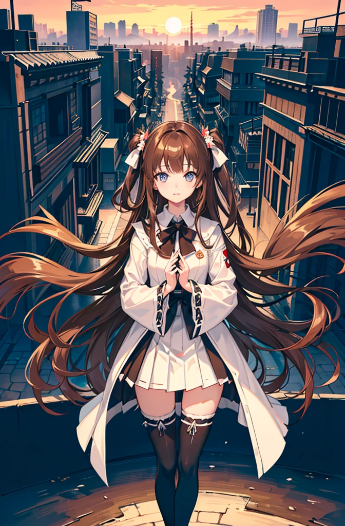 1girl, solo, outdoors, long hair, holy place, Original,(Illustration:1.1),(Best Quality),(masutepiece:1.1),(the Extremely Detailed CG Unity 8K Wallpapers:1.1), (Colorful:0.9),(mid-shot:0.95),(extremely detailed beautiful face),(Solo:1.2), (girl),(((Lori))), (Detailed beautiful eyes:1.15), (Beautiful face:1.15), (Glowing blue eyes:1.25////),(((Brown Long Hair))),(two side up),(+perfect hand+:1.21),(Draw illustration of Japan priestess costume),(slender),(White pleated skirt),(Gothic),((black thighhighs)),(frilld),(Beautiful Slender Lolita Girl),standing, girl,, girl,foggy place,((City in the Desert)),
