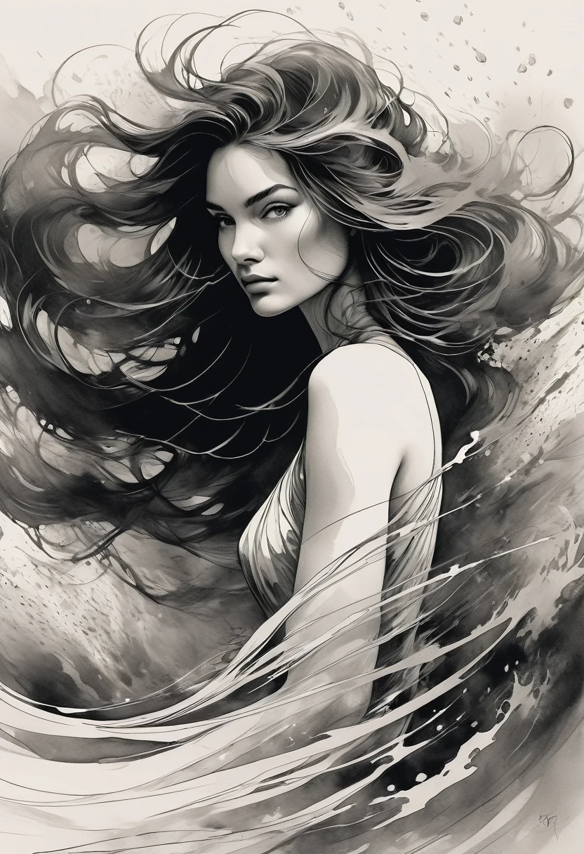 (best quality,ultra-detailed,realistic,ink drawing:1.2),wind-blown hair,woman,((Ashley Wood style)),female figure,expressive eyes,gently flowing dress,graceful pose,subtle shading,striking composition,dynamic lines,vibrant ink strokes,contrasting light and shadow,intricate details,artistic flair,monochrome palette,emotionally charged,subdued background,fine art quality,mesmerizing beauty,hint of mystery,atmospheric ambiance,whimsical elements,depth and texture,ethereal aura,sophisticated elegance,impeccable craftsmanship,skillful ink work,thought-provoking,imagination-stirring,unforgettable impression,ink on paper effect,organic and fluid,unique visual style,touched by artistic genius,intense and captivating,classic yet contemporary,visually stunning composition best quality,4k,8k,highres,masterpiece:1.2,ultra-detailed,photorealistic,advertising poster,mermaid,storm,monochromatic,harrowing,contrasting colors,dynamic lighting,water reflections,striking composition,dramatic atmosphere,mysterious concept