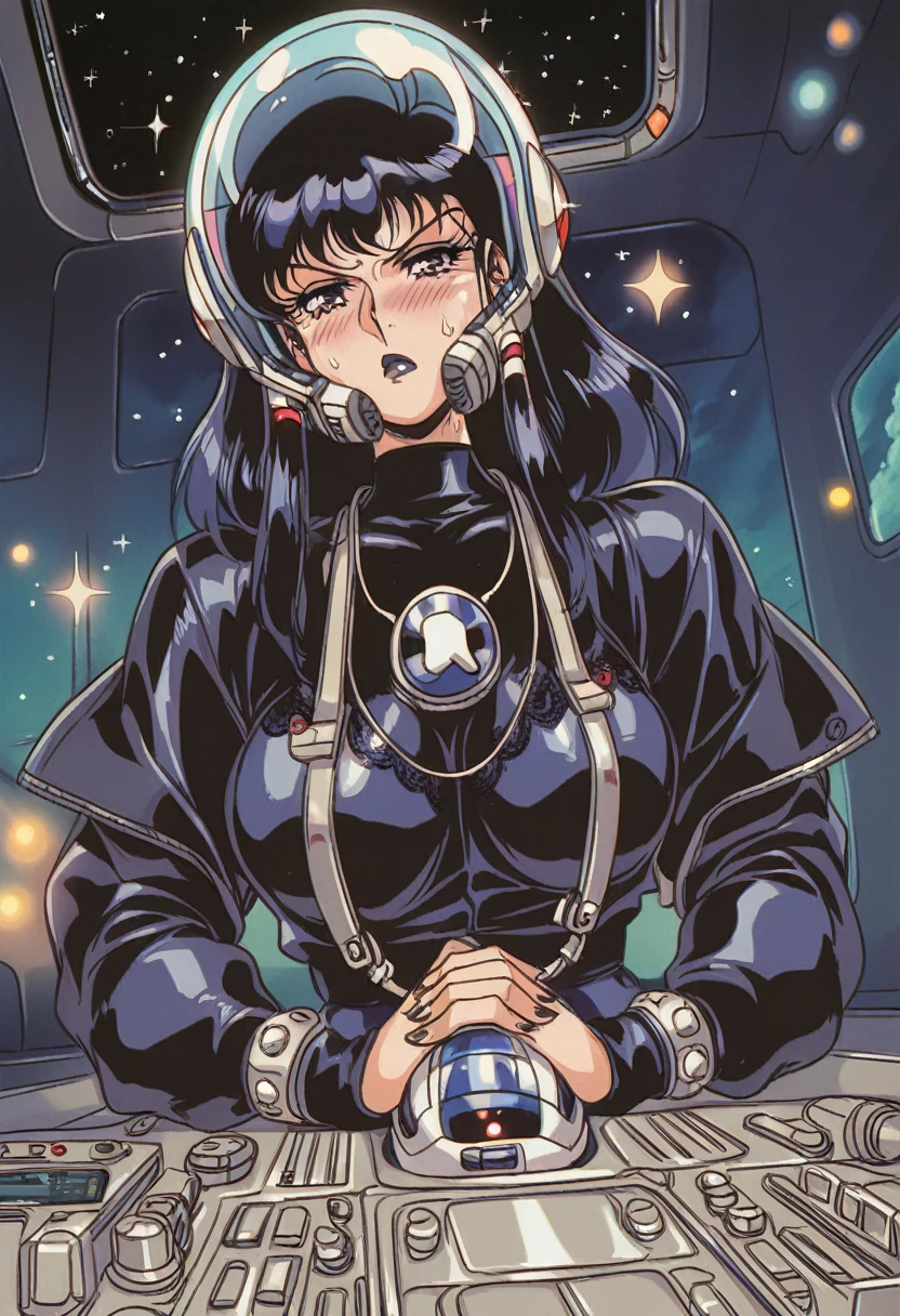 ((gothic vampire piloting in gothic spacecraft)), (((retro anime))), ((from below)), ((120 fov)), ((((gothic control panels)))), ((mature)), (((gothic))), iridescent bodysuit, ((lace accessories)), ((pilot seat)), ((((lying back)) pose)), ((elegant)), (((serious tone))), futuristic, ((cockpit top control panel)), intricate control panel details, 1990s (style), [blushing], sweat, masterpiece, ((claustrophobic)), sparkles, best quality, screens, ((pilot helmet)), ((hands on controls)), night, space, ((cockpit lights))