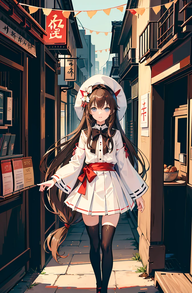 1girl, solo, outdoors, long hair, holy place, Original,(Illustration:1.1),(Best Quality),(masutepiece:1.1),(the Extremely Detailed CG Unity 8K Wallpapers:1.1), (Colorful:0.9),(mid-shot:0.95),(extremely detailed beautiful face),(Solo:1.2), (girl),(((Lori))), (Detailed beautiful eyes:1.15), (Beautiful face:1.15), (Glowing blue eyes:1.25////),(((Brown Long Hair))),(two side up),(+perfect hand+:1.21),(Draw illustration of Japan priestess costume),(slender),(White pleated skirt),(Gothic),((black thighhighs)),(frilld),(Beautiful Slender Lolita Girl),standing, girl,10 years old, girl,foggy place,((City in the Desert)),
