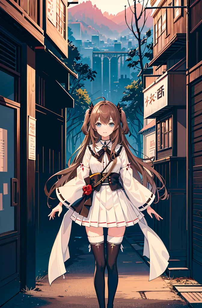 1girl, solo, outdoors, long hair, holy place, Original,(Illustration:1.1),(Best Quality),(masutepiece:1.1),(the Extremely Detailed CG Unity 8K Wallpapers:1.1), (Colorful:0.9),(mid-shot:0.95),(extremely detailed beautiful face),(Solo:1.2), (girl),(((Lori))), (Detailed beautiful eyes:1.15), (Beautiful face:1.15), (Glowing blue eyes:1.25////),(((Brown Long Hair))),(two side up),(+perfect hand+:1.21),(Draw illustration of Japan priestess costume),(slender),(White pleated skirt),(Gothic),((black thighhighs)),(frilld),(Beautiful Slender Lolita Girl),standing, girl,10 years old, girl,foggy place,((City in the Desert)),
