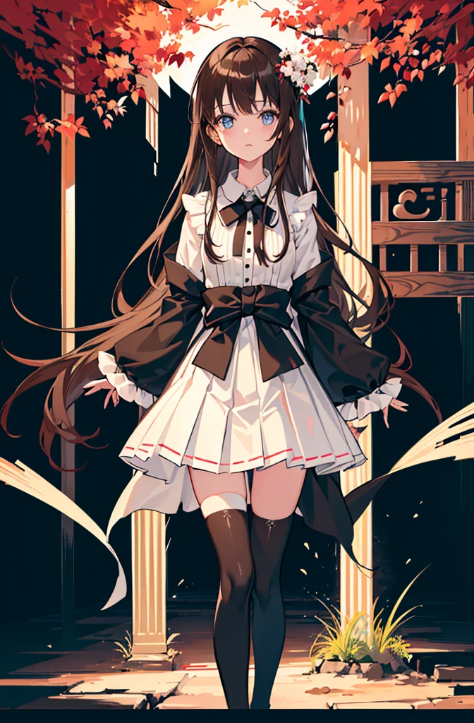 1girl, solo, outdoors, long hair, holy place, Original,(Illustration:1.1),(Best Quality),(masutepiece:1.1),(the Extremely Detailed CG Unity 8K Wallpapers:1.1), (Colorful:0.9),(mid-shot:0.95),(extremely detailed beautiful face),(Solo:1.2), (girl),(((Lori))), (Detailed beautiful eyes:1.15), (Beautiful face:1.15), (Glowing blue eyes:1.25////),(((Brown Long Hair))),(two side up),(+perfect hand+:1.21),(Draw illustration of Japan priestess costume),(slender),(White pleated skirt),(Gothic),((black thighhighs)),(frilld),(Beautiful Slender Lolita Girl),standing, girl,10 years old, girl,foggy place,((City in the Desert)),