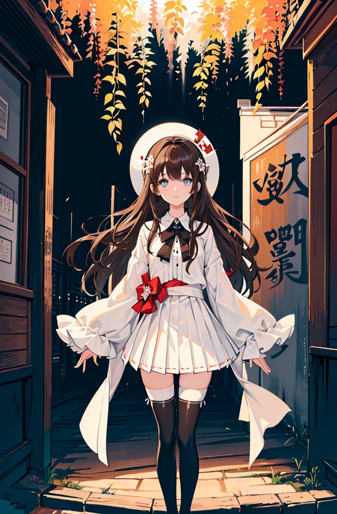 1girl,  solo, outdoors, long hair, holy place, Original,(Illustration:1.1),(Best Quality),(masutepiece:1.1),(the Extremely Detailed CG Unity 8K Wallpapers:1.1), (Colorful:0.9),(mid-shot:0.95),(extremely detailed beautiful face),(Solo:1.2), (girl),(((Lori))), (Detailed beautiful eyes:1.15), (Beautiful face:1.15), (Glowing blue eyes:1.25////),(((Brown Long Hair))),(two side up),(+perfect hand+:1.21),(Draw illustration of Japan priestess costume),(slender),(White pleated skirt),(Gothic),((black thighhighs)),(frilld),(Beautiful Slender Lolita Girl),standing, girl,10 years old,  girl,foggy place,((City in the Desert)),