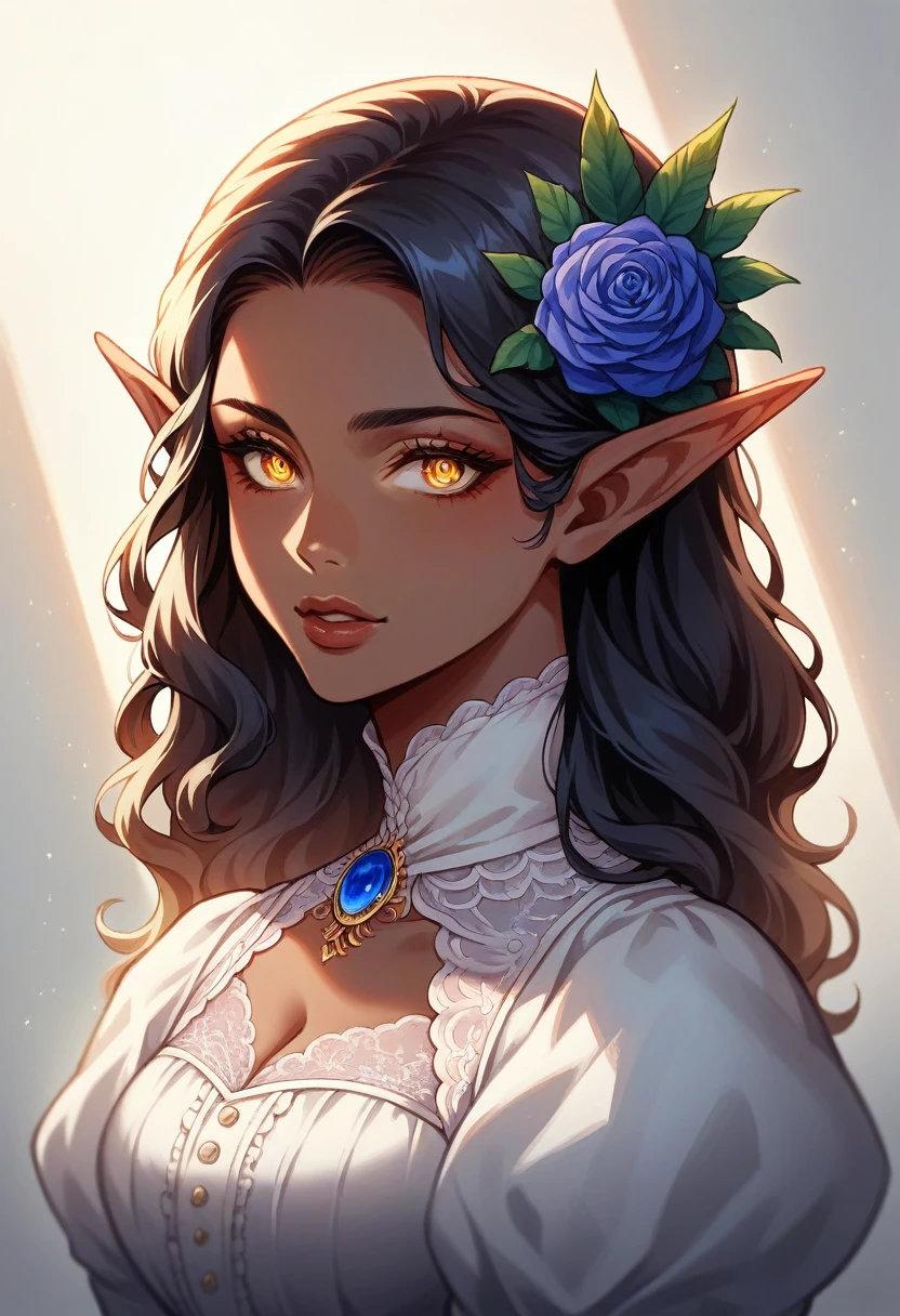 a 26 year old dark skinned elf with long dark hair, golden eyes, victorian era anime style, intricate details, highly detailed face, beautiful detailed eyes, beautiful detailed lips, extremely detailed skin and facial features, award winning digital art, cinematic lighting, dramatic shadows, warm color palette, glowing ethereal atmosphere, masterpiece