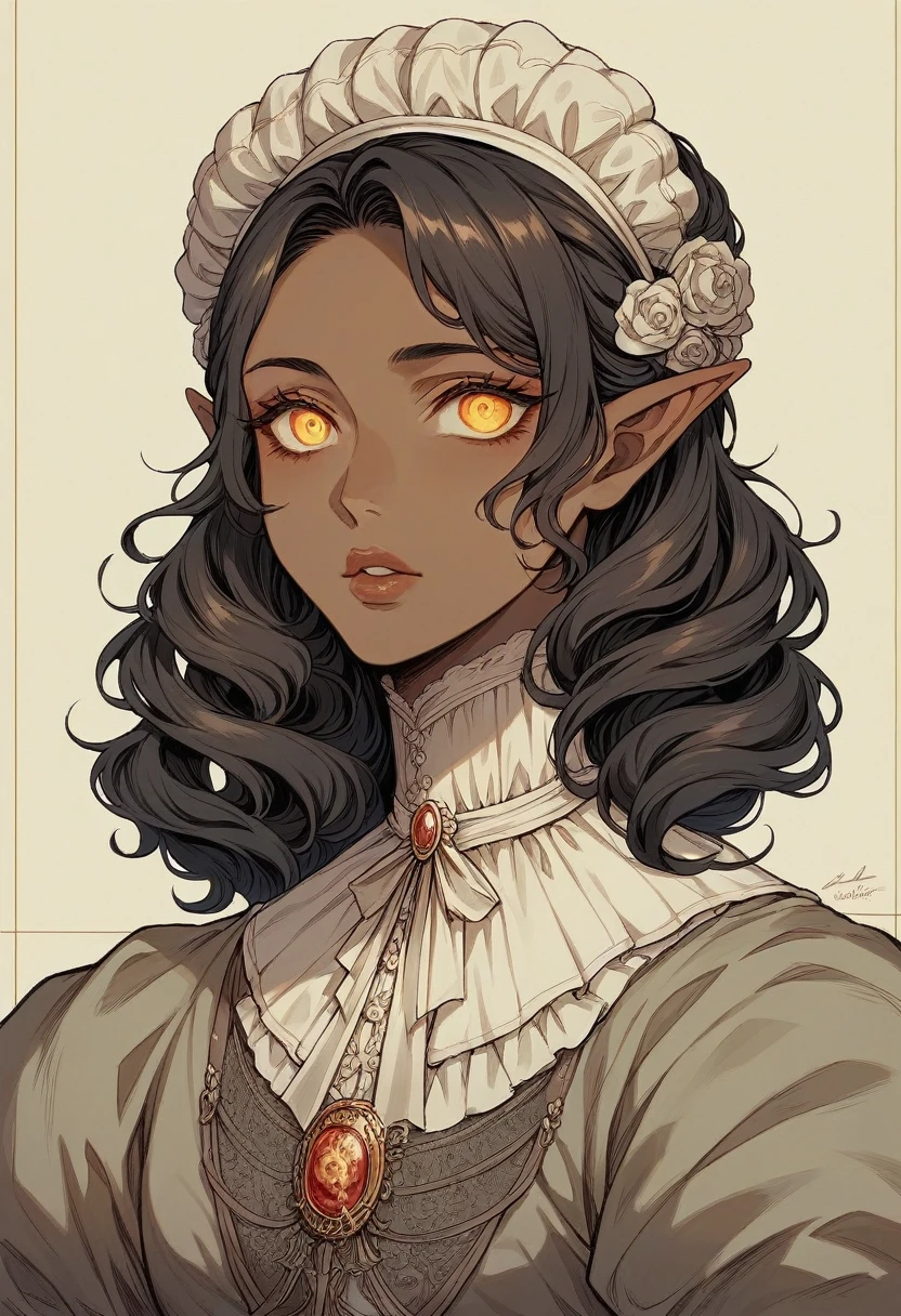 a 26 year old dark skinned elf with long dark hair, golden eyes, victorian era anime style, intricate details, highly detailed face, beautiful detailed eyes, beautiful detailed lips, extremely detailed skin and facial features, award winning digital art, cinematic lighting, dramatic shadows, warm color palette, glowing ethereal atmosphere, masterpiece