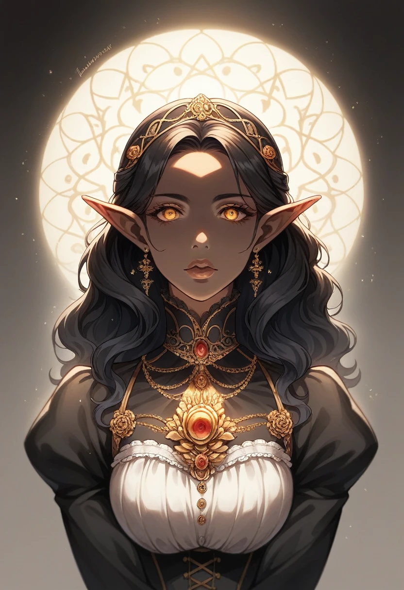 a 26 year old dark skinned elf with long dark hair, golden eyes, victorian era anime style, intricate details, highly detailed face, beautiful detailed eyes, beautiful detailed lips, extremely detailed skin and facial features, award winning digital art, cinematic lighting, dramatic shadows, warm color palette, glowing ethereal atmosphere, masterpiece