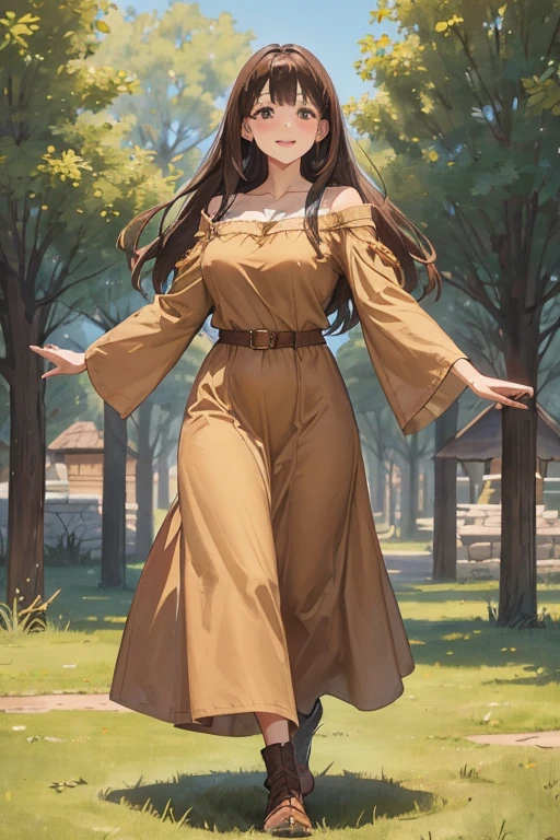 A straight haired brunette adult female standing on the ground, wearing loose brown dress with cuffed sleeves, low neckline, medieval, brown hair, large long shaped tits, silly personalty, cute happy demeanor, sunny disposition, deredere,