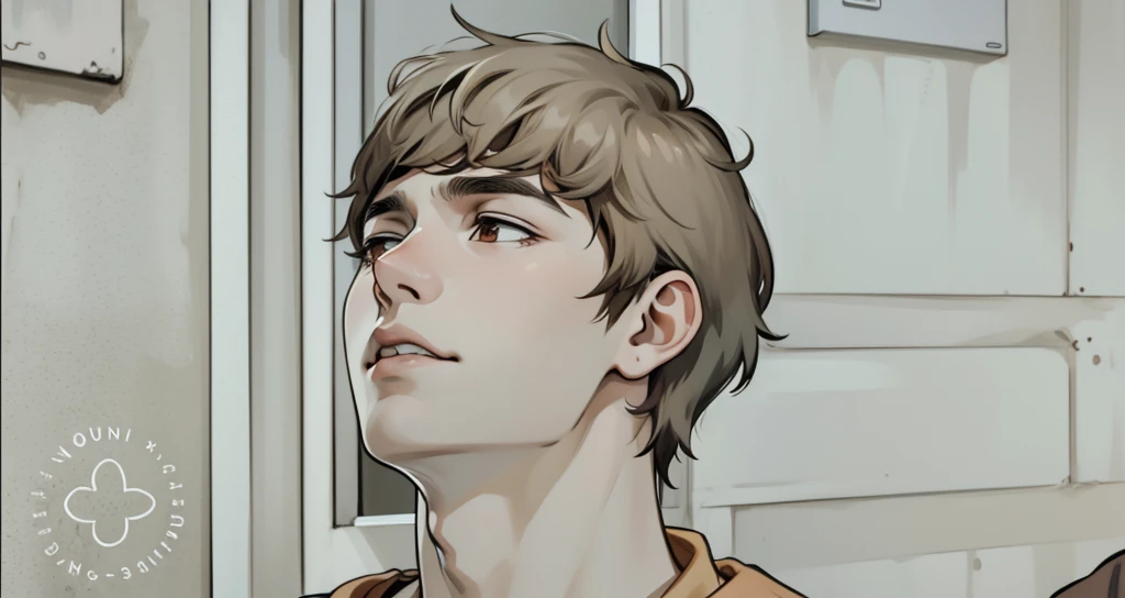 There is a 17-year-old boy, brown hair, brown eyes, he is doubting something, he is in disbelief.