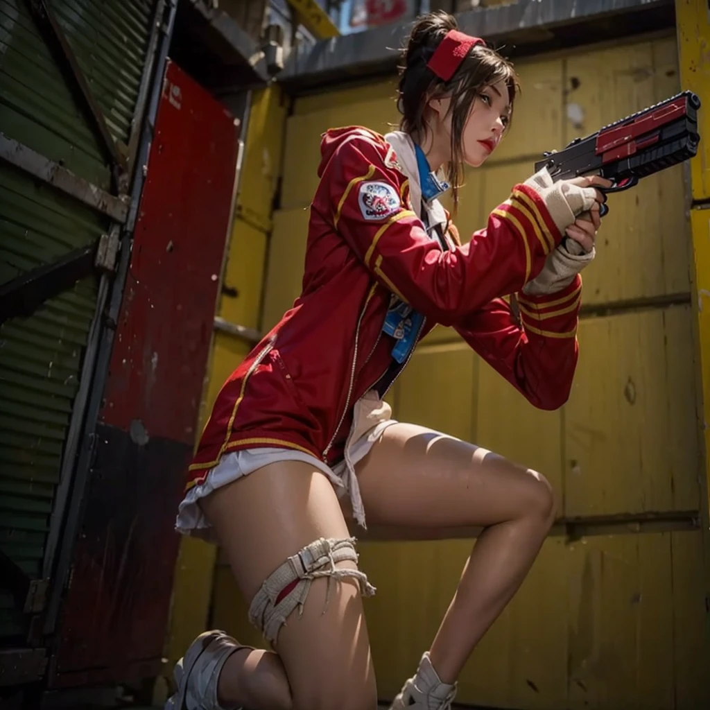 Close-up of a girl crouching with a gun