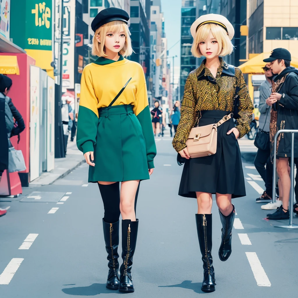 ashion illustration, blonde supermodel wearing boots and hat walking on the street, bold colors, flat design, vector art, pop culture, patterned fabric, geometric shapes in background, yellow black blue green palette, in the style of cute anime girl --ar 3:4 --niji 6