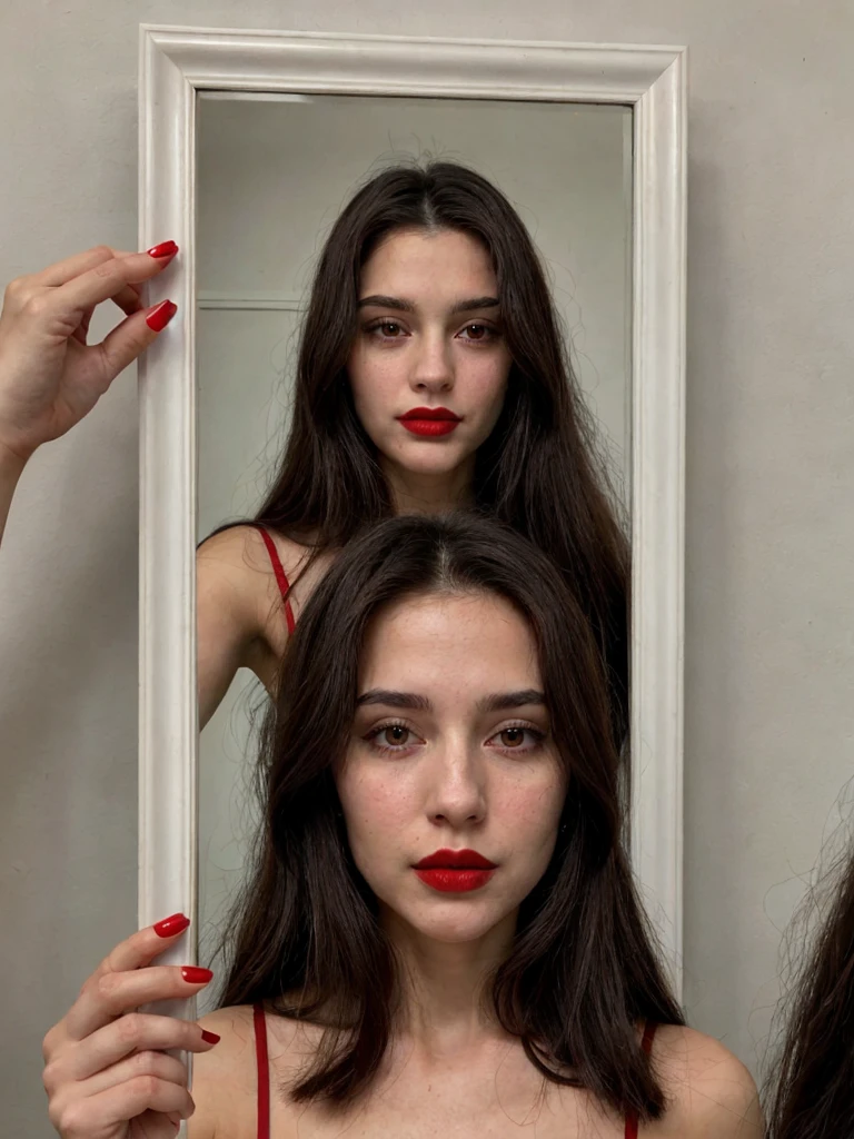 Mirror selfie of woman, long dark brown hair, black eyes, red lipstick, ultra realistic