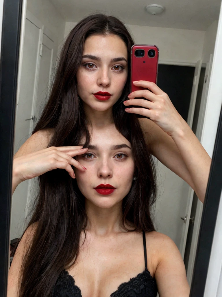 Mirror selfie of woman, long dark brown hair, black eyes, red lipstick, ultra realistic