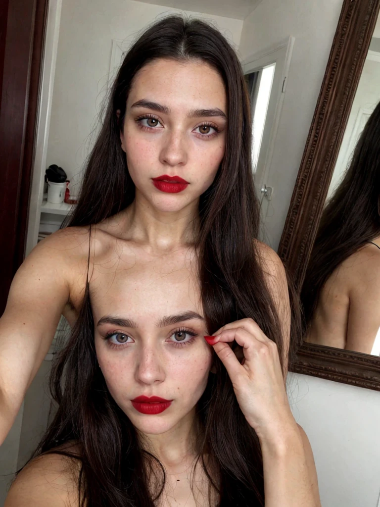 Mirror selfie of woman, long dark brown hair, black eyes, red lipstick, ultra realistic