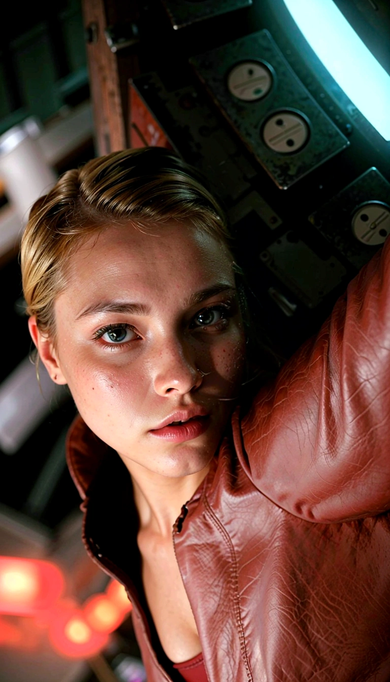 Blonde woman in leather jacket leaning against a wall with a neon light, Kristanna Loken, doom beautiful face,