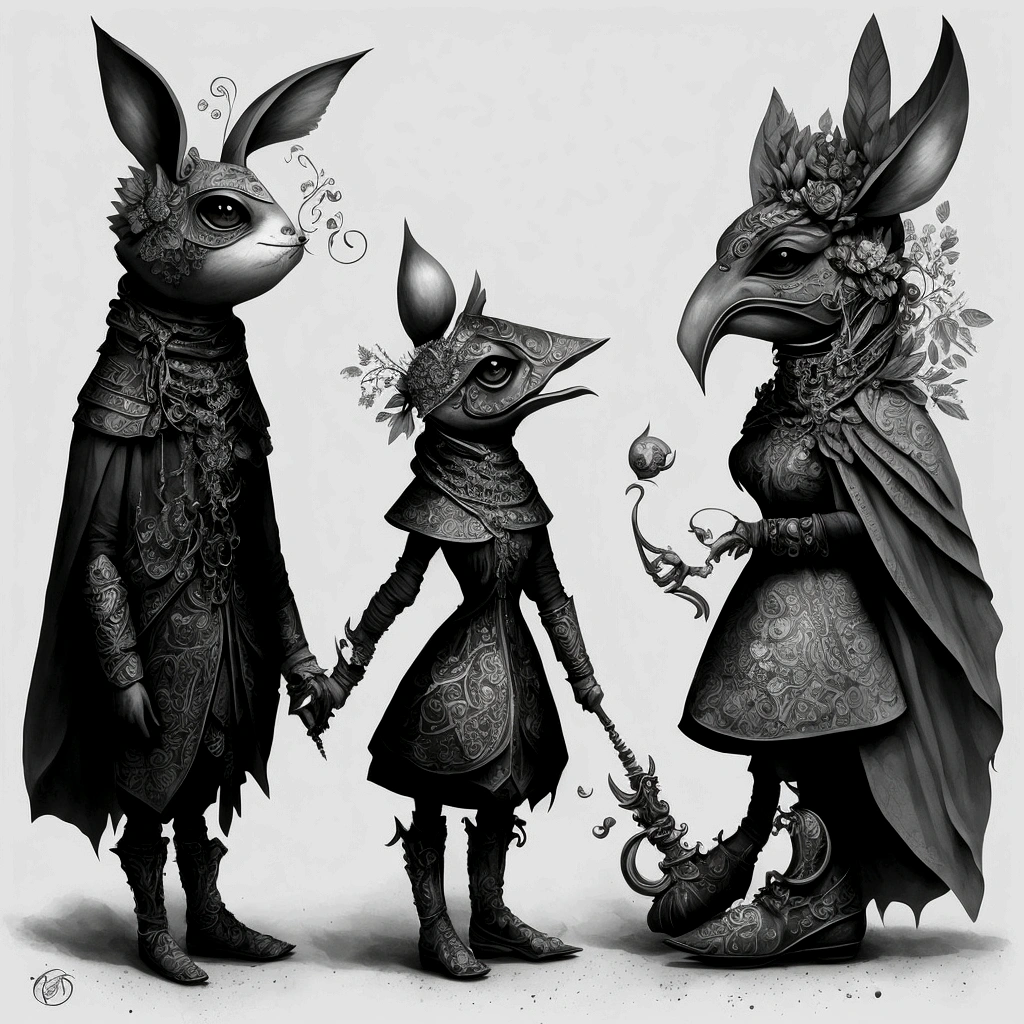 A captivating digital painting featuring anthropomorphic female chess pieces with modest and cute demeanor, who are cheeky and shy on the chessboard. These charming characters are decorated with bright, adorned with eye-catching boots and have large, expressive round eyes, that reveal their unique personality. The artwork is inspired by the style of Nicola Samori, with a pin-up art flair, which creates a fascinating mixture of anthropomorphism and fantasy. The ethereal background, which consists of a structured mixture of media, complements the thin neck and full body of the motif, which is skilfully integrated into the composition. The artwork features complex details and extremely contrasting colors with intricate patterns, that give depth to the scene. The backlight enhances the ethereal mood and the masterful use of fine ink drawing and dry watercolor effects ensures sharp outlines and subtle textures, which makes this a truly