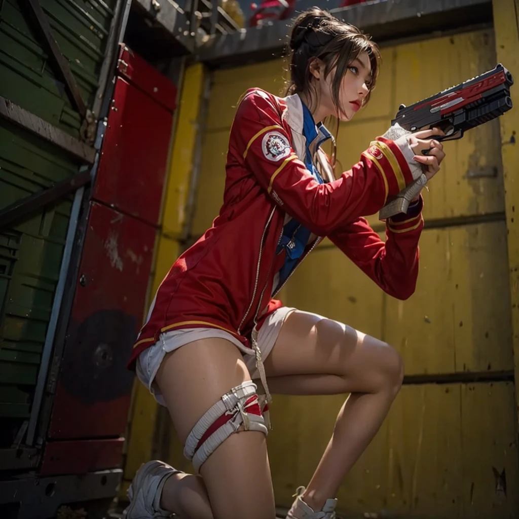 Close-up of a girl crouching with a gun