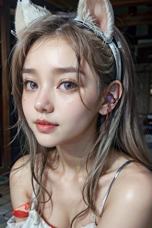 best quality, Ultra high resolution, (realistic:1.4),Masterpiece,1 girl, kpop idols,(Aegyo Sal:1.0),Bags under the eyes,(City of Ruins),Alice \(Nod,(naked),((animal ear headphones)),),(Beautiful hairy pussy)shoe,(rift),(Thin),((white hair)),(silver hair),(brown hair),((red student)),(look at viewer),(smile),be happy,(long hair),no,depth of field,profile face, Shiny skin, well detailed eyes, Heavy eye makeup, Thin waist, Blush, Detailed eye makeup,perfect anatomy,(Pure Rose Face_v1:0.55),full body shot
