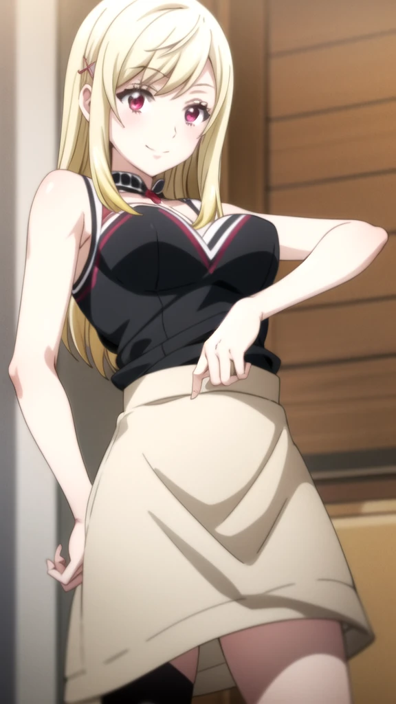 a closeup of a woman in a black dress posing for a photo,  looking to the side off camera Yamada mocking smile_yellow, 1chica , by rubio, alone, wide, hair ornament, , smile, bow, red eyes my dress darling anime, beautiful seductress anime anime