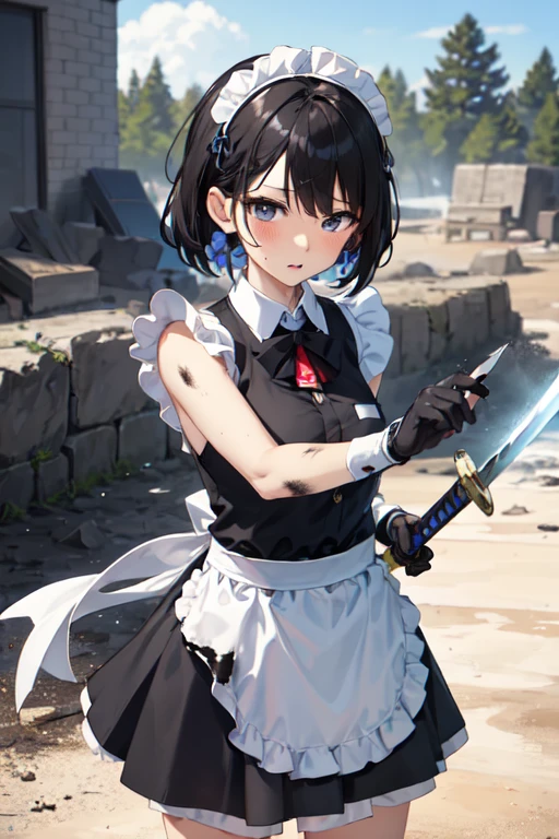 (((Highest quality))), ((masterpiece)), (((detailed))), (((Attention to detail))), One girl, cute, ((Black maid outfit, White apron, Headband, The skirt is long)), (((A girl in a maid outfit is fighting with a big sword to protect her master))), ((燃えたbattlefield)), wilderness, Large great sword, ((Western design sword)), Small breasts, wasteland, battlefield, Burnt ruins, Sea of Fire, Slashing, Slash((duel)), cute, Blonde, Blue Eyes, ((Wielding a sword)), (((coalやAshや炭で服やエプロン全体がdirty, Black and dirty, coal汚れ1.6))), (((Ashやcoalでエプロンがdirty, Black stains all over the body, エプロン全体がcoalで汚れてるcoalまみれ1.6))), Ashや煙やcoalで汚れている, dirty, Burnt, Ash, coal, dirtyメイド服, dirtyエプロン,burning, Scorched Apron, Tattered apron, coalまみれ, Charcoal stains, Covered in charcoal, Ashまみれ,