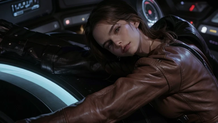 Arafed woman in a leather jacket leaning on a large tire, Natalie Portman and Star Trek, Kristanna Loken, in a science fiction movie, Emma Watson and Star Trek, eve movie online still, iconic shot, Picard at starboard, aesthetic shot, cinematic shot, depicted as a science fiction scene, sitting sad in a spaceship, science fiction movie still