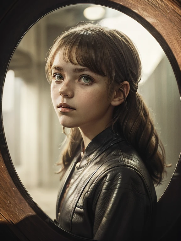 photo portrait of a young Russian girl, corneal reflections, Detailed leather texture, lump on the skin, fuzz on the skin, Fluffy hair, chestnut wavy bob, amber eyes, peering into the horizon, in room, a dark room, depth of field, backlight