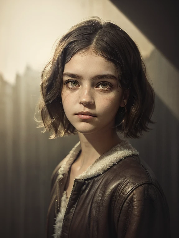 photo portrait of a young Russian girl, corneal reflections, Detailed leather texture, lump on the skin, fuzz on the skin, Fluffy hair, chestnut wavy bob, amber eyes, peering into the horizon, in room, a dark room, depth of field, backlight