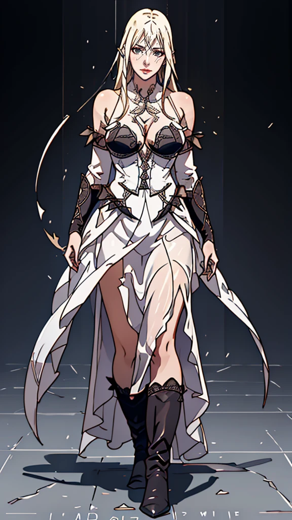 (dynamic porn pose),(leather boots,(asymmetrical armor),(long embroidered lace dress,see through,lift up the hem of the dress)),(random hairstyle),(Thin type:1.8),(large breasts),(Highest image quality,(8K), Ultra-realistic, Best Quality, High quality, High Definition, high quality texture, high detailing, Beautiful detailed, fine detailed, extremely details CG, Detailed texture, realistic representation of face, masterpiece, presence)