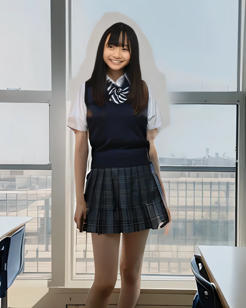 Highest quality,Super detailed,One high school girl,High school girl standing in a classroom,Standing by the window,Turn slightly to the side and look at me,She is wearing a short-sleeved white blouse,Checkered pleated skirt,Posing for a photo