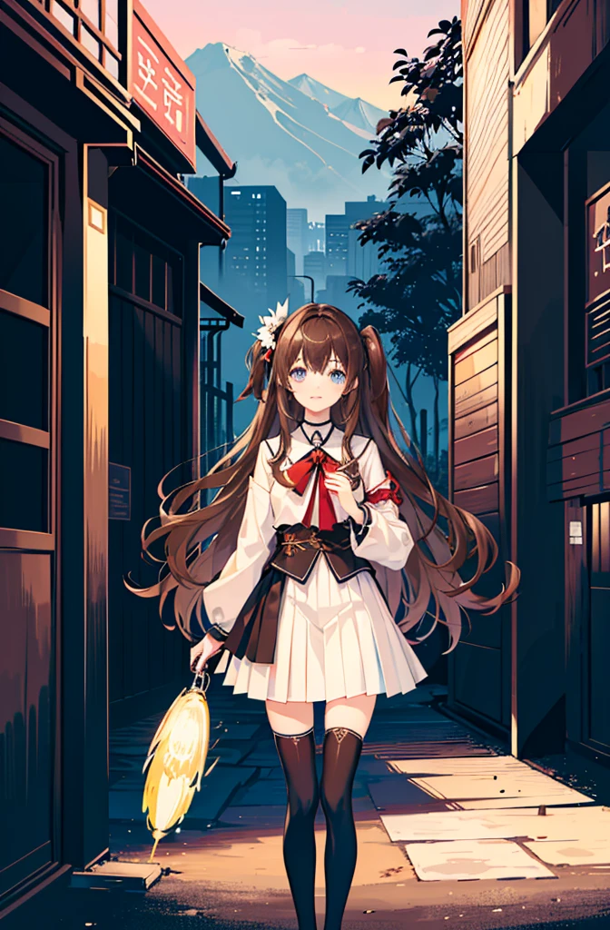 1girl,  solo, outdoors, long hair, holy place, Original,(Illustration:1.1),(Best Quality),(masutepiece:1.1),(the Extremely Detailed CG Unity 8K Wallpapers:1.1), (Colorful:0.9),(mid-shot:0.95),(extremely detailed beautiful face),(Solo:1.2), (girl),(((Lori))), (Detailed beautiful eyes:1.15), (Beautiful face:1.15), (Glowing blue eyes:1.25////),(((Brown Long Hair))),(two side up),(+perfect hand+:1.21),(Draw illustration of Japan priestess costume),(slender),(White pleated skirt),(Gothic),((black thighhighs)),(frilld),(Beautiful Slender ta Girl),standing, girl,10 yirl,foggy place,((City in the Desert)),