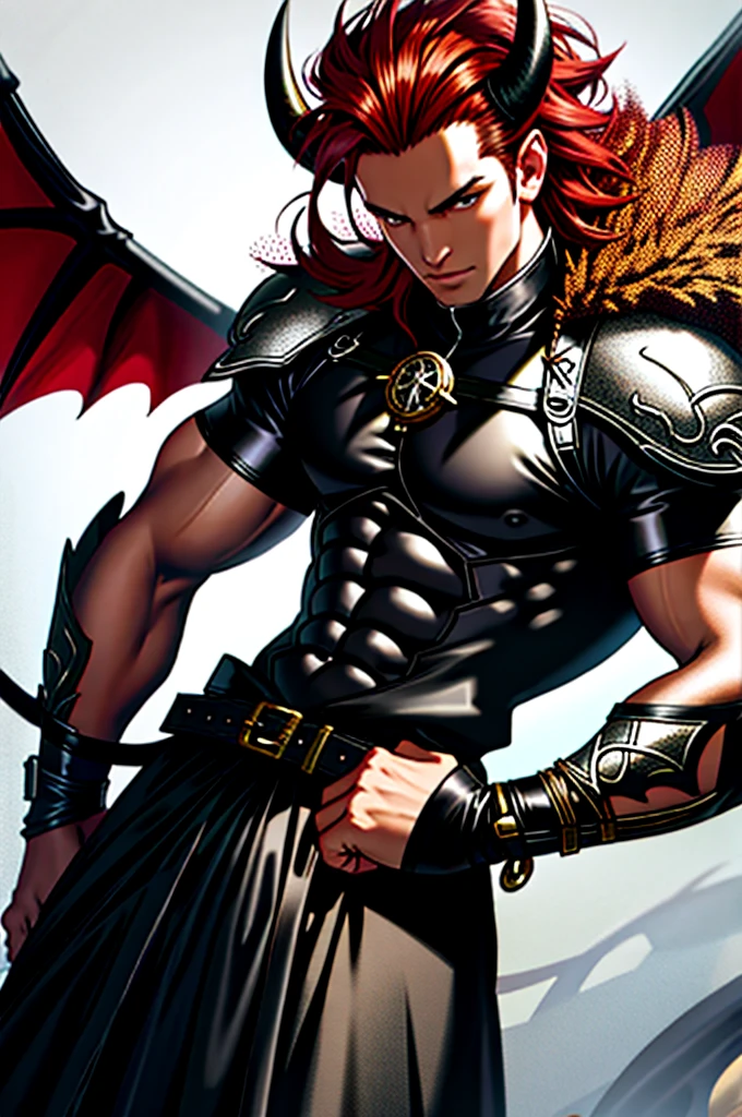 beste-Qualit, tmasterpiece, realisti, demon, masculine, devil, horns that grow out of his forehead, left iris gold colored, right eye has eyepatch over it, ((right arm mechanical with silver metal)), muscular, brown skin covered in silver dragonscales in the outline of hexagons, crimson hair brushing shoulders, devil's dragon tail, in full height, ((wearing two thick leather straps in an X pattern)), bare chest, wearing long skirt over hips and legs, slit in skirt, fantasy, dark fantasy, (Ultra-detailed:1.3), Finely detailed, Ultra-detailed, (dynamicpose:1.0),(centered, scale to fit the dimensions, the rule of thirds), hight resolution, sharp-focus,(Ultra Detailed, Extremely detailed),(Photorealistic works of art:1.37),(extremely detailed CG unity 8k wallpaper),(((bright colours, A striking theme))),(Intricate),(Masterpiece),(Best Quality), Depth of field