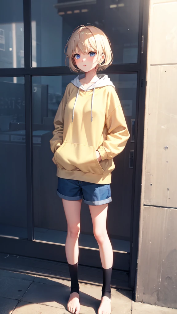 ((front)), A girl with short beige hair and blue eyes wearing a hoodie and short pants, whole body, To the tips of the feet, Take your hands out of your pockets, front, Standing still, Plain background,