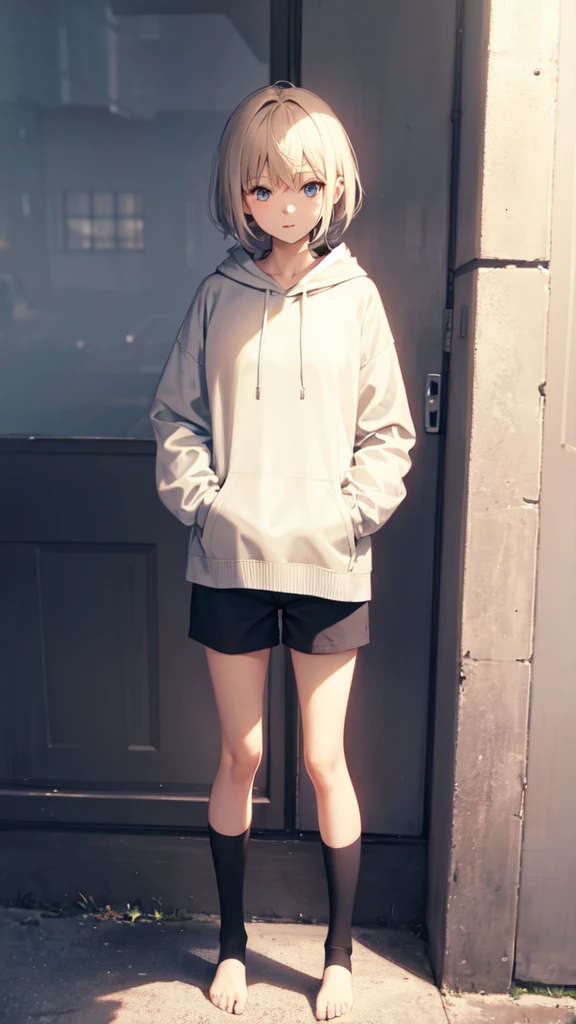 ((front)), A girl with short beige hair and blue eyes wearing a hoodie and short pants, whole body, To the tips of the feet, Take your hands out of your pockets, front, Standing still, Plain background,