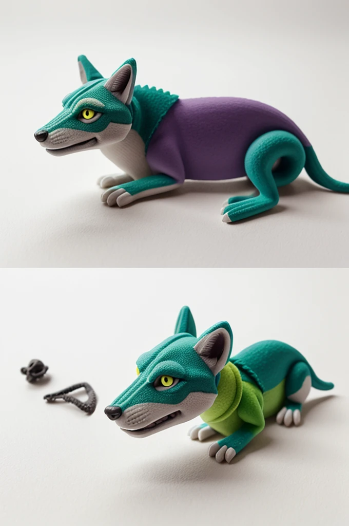 Create a mockup made of plasticine about a wolf and a chameleon combined on a white background