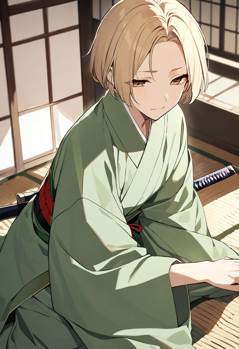 an adult male, blond, brown eyes, short hair, green kimono,short kimono, haramaki, full length, black shoes 