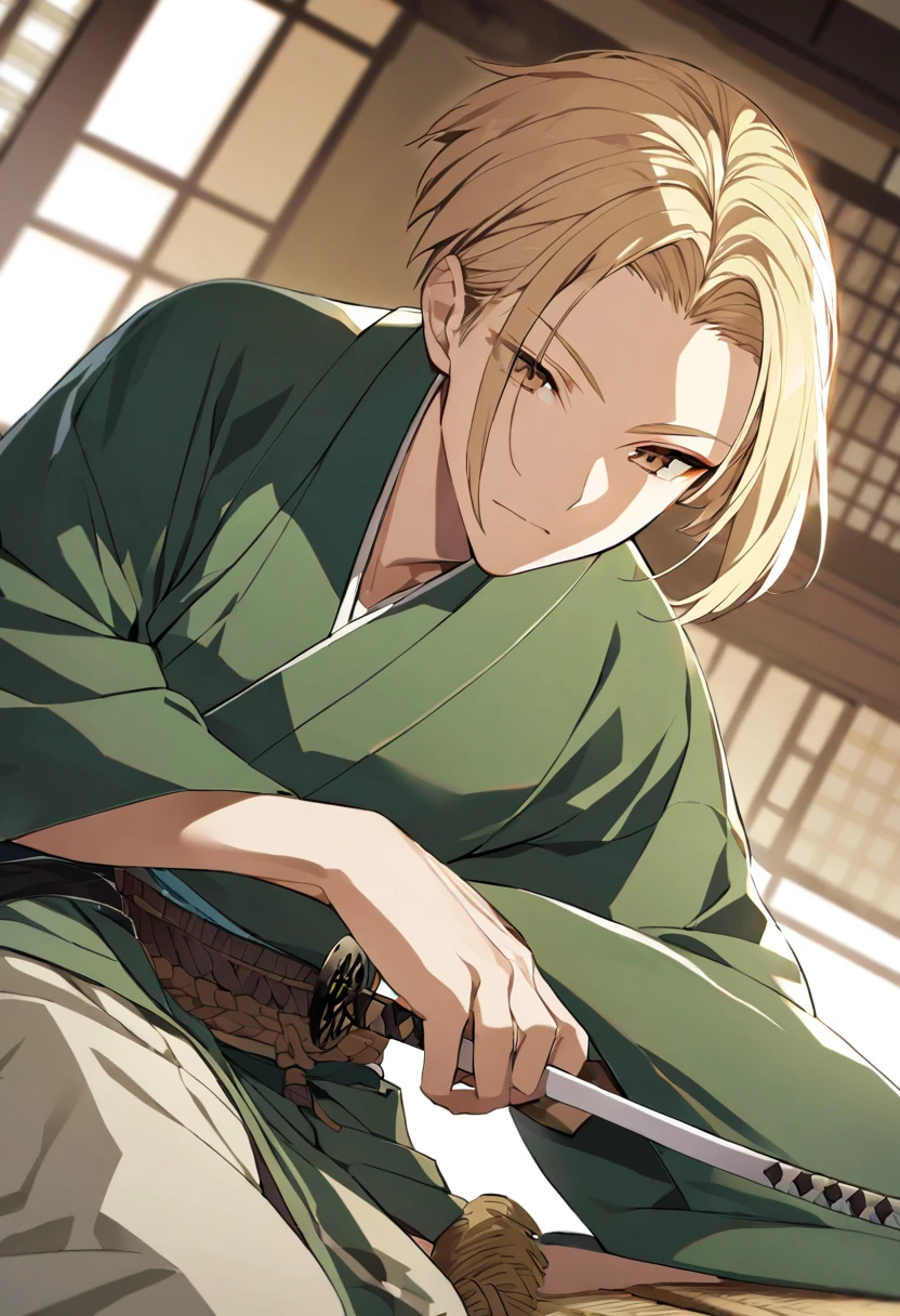 guy, blond, short hair, long bangs, bangs on the side, closed forehead, brown eyes, green kimono, haramaki, katana