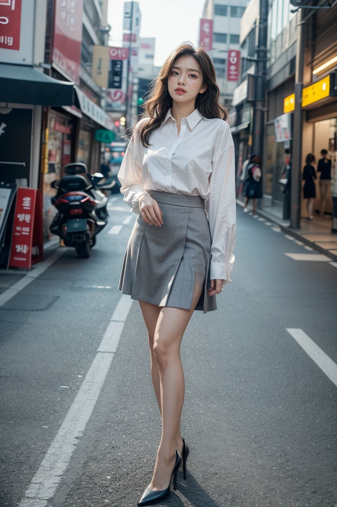 full body shot, standing posture, masterpiece, best quality, Original photo, absurd, UHD, 1 woman, wavy hair, Long grey brunette, Perfect fingers and slender legs, perfcect big smile, yak,look up at the viewer, (((Seoul Street))), intricate details:1.3 , 자세한 background:1.3, detailed skin, pore, high resolution, HDR, 아름다운 Model, soft light on the face, BAPV_Model, middle , split, ((white shirt_Black Narrow Skirt)), Black high heels, black pantyhose:1.3, hazy_light_background,