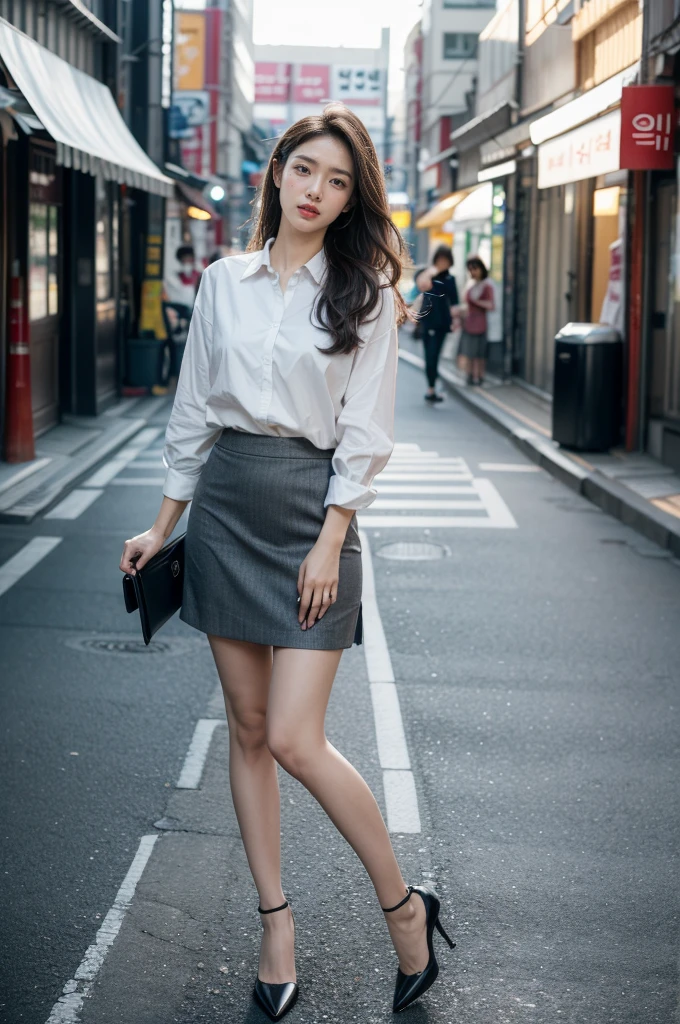 full body shot, standing posture, masterpiece, best quality, Original photo, absurd, UHD, 1 woman, wavy hair, Long grey brunette, Perfect fingers and slender legs, perfcect big smile, yak,look up at the viewer, (((Seoul Street))), intricate details:1.3 , 자세한 background:1.3, detailed skin, pore, high resolution, HDR, 아름다운 Model, soft light on the face, BAPV_Model, middle , split, ((white shirt_Black Narrow Skirt)), Black high heels, black pantyhose:1.3, hazy_light_background,