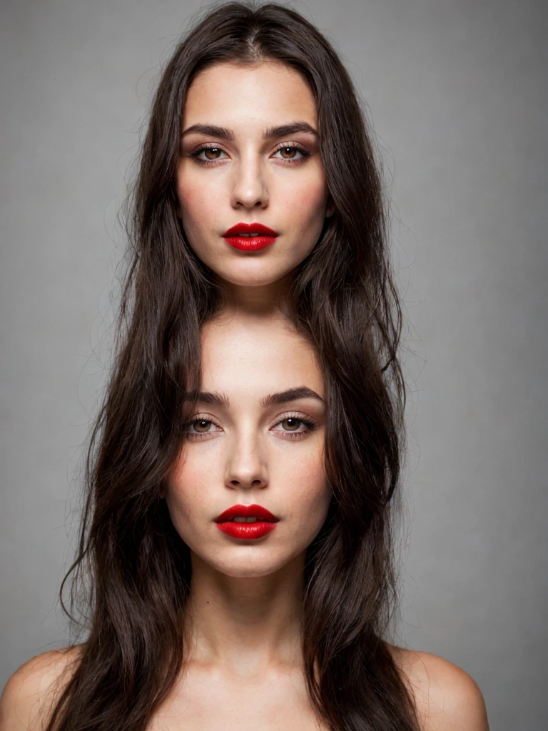 Photoshoot, woman, long dark brown hair, black eyes, red lipstick, ultra realistic