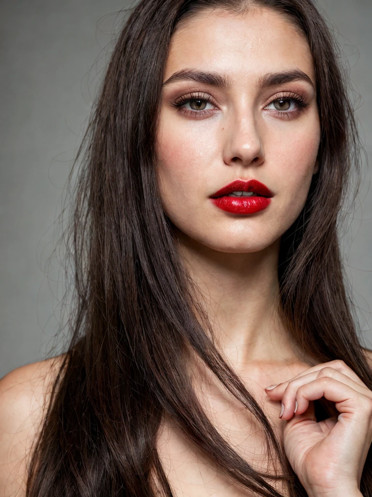 Photoshoot, woman, long dark brown hair, black eyes, red lipstick, ultra realistic