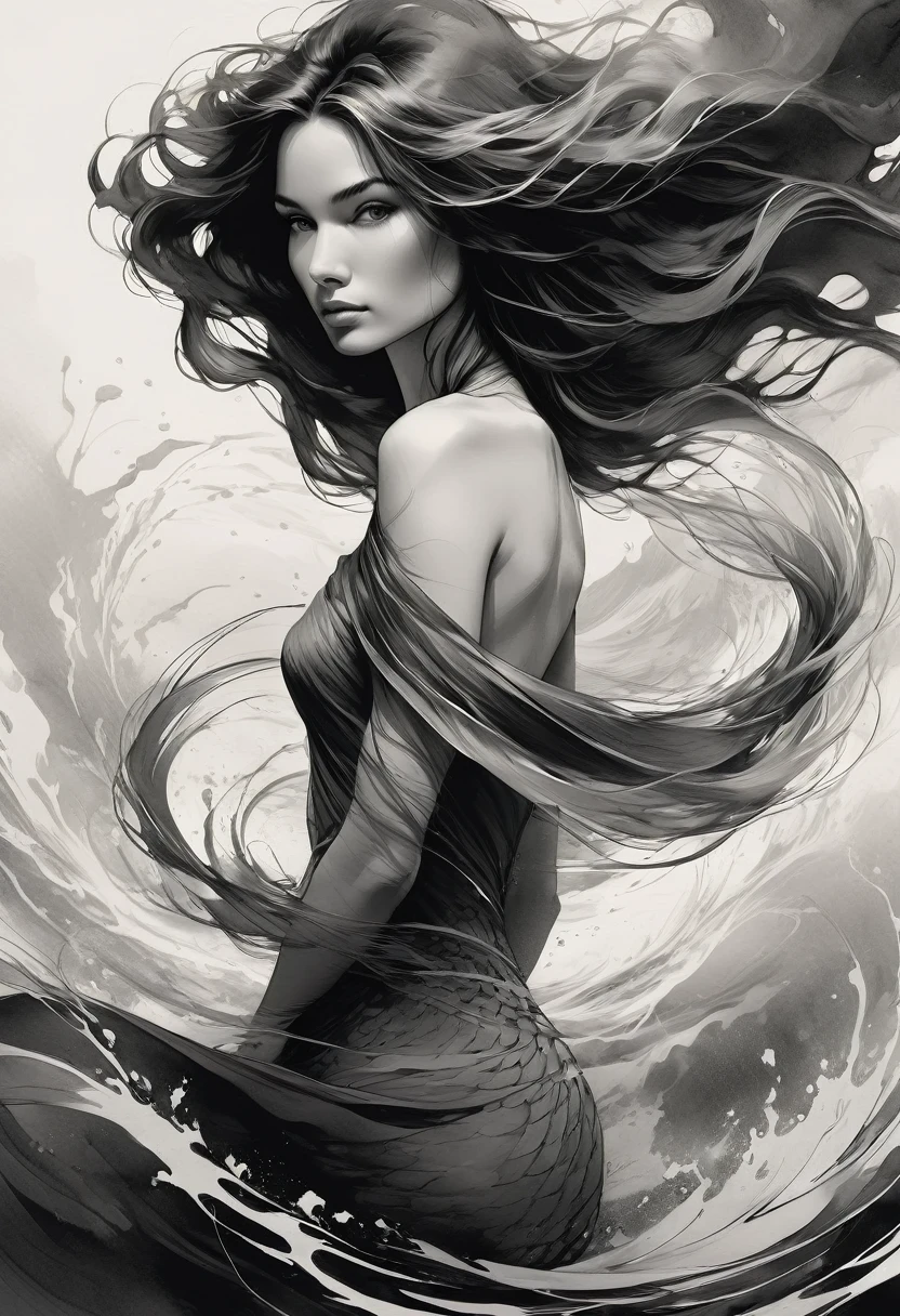 (best quality,ultra-detailed,realistic,ink drawing:1.2),wind-blown hair,woman,((Ashley Wood style)),female figure,expressive eyes,gently flowing dress,graceful pose,subtle shading,striking composition,dynamic lines,vibrant ink strokes,contrasting light and shadow,intricate details,artistic flair,monochrome palette,emotionally charged,subdued background,fine art quality,mesmerizing beauty,hint of mystery,atmospheric ambiance,whimsical elements,depth and texture,ethereal aura,sophisticated elegance,impeccable craftsmanship,skillful ink work,thought-provoking,imagination-stirring,unforgettable impression,ink on paper effect,organic and fluid,unique visual style,touched by artistic genius,intense and captivating,classic yet contemporary,visually stunning composition best quality,4k,8k,highres,masterpiece:1.2,ultra-detailed,photorealistic,advertising poster,mermaid,storm,monochromatic,harrowing,contrasting colors,dynamic lighting,water reflections,striking composition,dramatic atmosphere,mysterious concept