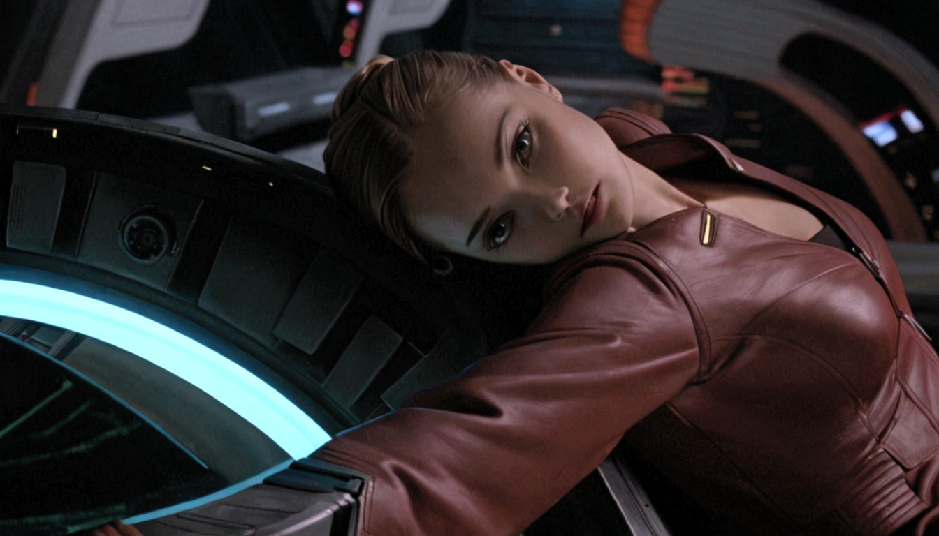 Arafed woman in a leather jacket leaning on a large tire, Natalie Portman and Star Trek, Kristanna Loken, in a science fiction movie, Emma Watson and Star Trek, eve movie online still, iconic shot, Picard at starboard, aesthetic shot, cinematic shot, depicted as a science fiction scene, sitting sad in a spaceship, science fiction movie still