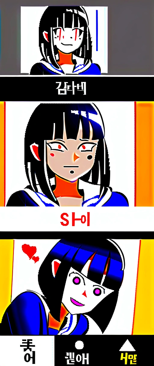 strong、One Girl、Face Up、Tsundere、high school girl、アニメ、hoodie、Black Hair、Blunt bangs、Drunk Eyes、Sailor suit、Red eyes、Bobcut、two-tone hair、 High resolution, 1 Girl, Korean, Small mole under eye,Drooping eyes、